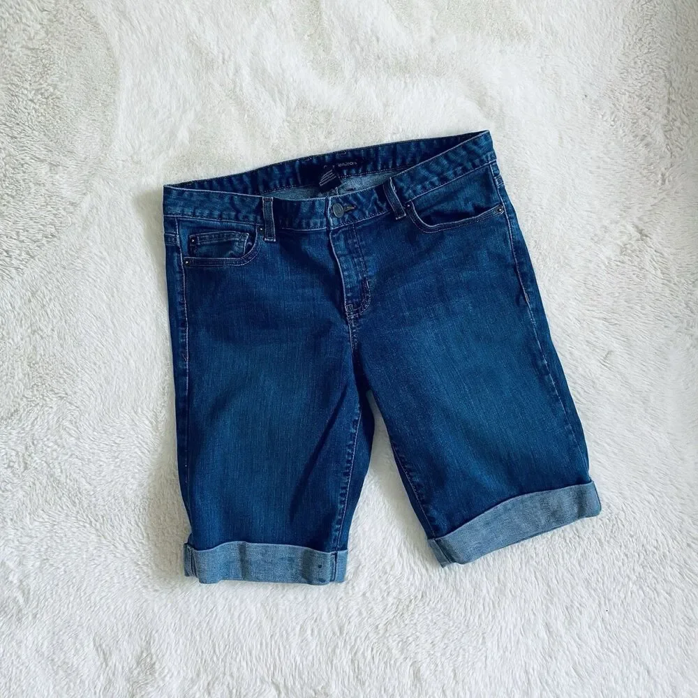 Calvin Klein Jeans Women's Bermuda Shorts Dark Wash Denim Cuffed Blue Size 10